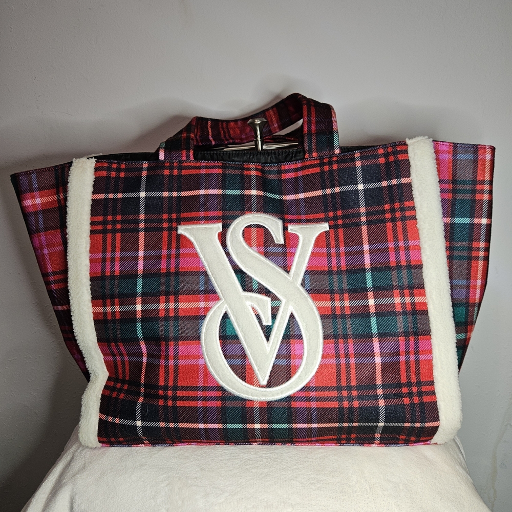 Plaid Tote Bag with Monogram Accent - Red/Pink/Green